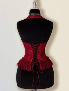 SHEIN ICON Women's Elegant Wine Red Halter Corset-Style Top, Featuring Exquisite Floral Jacquard Pattern And Delicate Lace Ruffle Hem For Nights Out. - Red - View 2