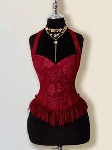 SHEIN ICON Women's Elegant Wine Red Halter Corset-Style Top, Featuring Exquisite Floral Jacquard Pattern And Delicate Lace Ruffle Hem For Nights Out. - Red - View 1