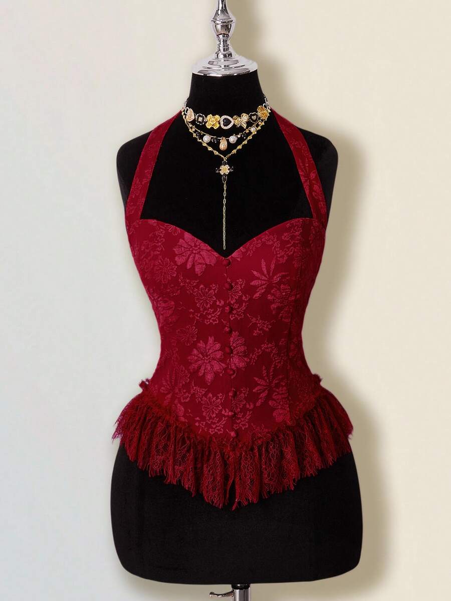 SHEIN ICON Women's Elegant Wine Red Halter Corset-Style Top, Featuring Exquisite Floral Jacquard Pattern And Delicate Lace Ruffle Hem For Nights Out. - Red - View 1