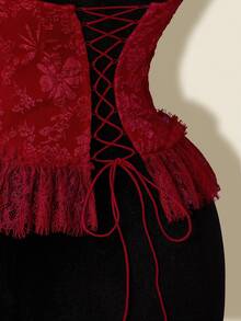 SHEIN ICON Women's Elegant Wine Red Halter Corset-Style Top, Featuring Exquisite Floral Jacquard Pattern And Delicate Lace Ruffle Hem For Nights Out. - Red - View 8
