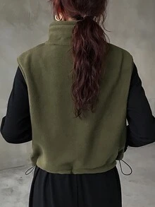 FRIFUL 女士休闲纯色无袖夹克，适合秋冬穿着 - 綠色 - 查看 5