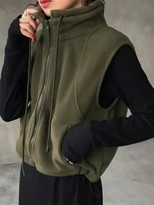 FRIFUL 女士休闲纯色无袖夹克，适合秋冬穿着 - 綠色 - 查看 1