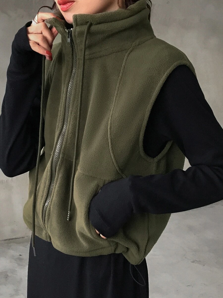 FRIFUL 女士休闲纯色无袖夹克,适合秋冬穿着 - 綠色 - 查看 1