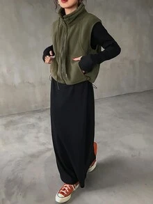 FRIFUL 女士休闲纯色无袖夹克，适合秋冬穿着 - 綠色 - 查看 2