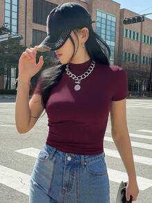 DAZY Women Slim Fit Mock Neck Short Sleeve T-Shirt, Casual Daily Wear - Burgundy - View 5
