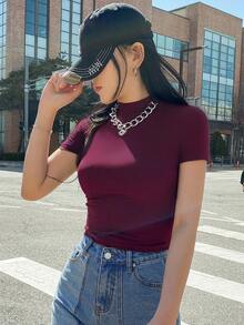 DAZY Women Slim Fit Mock Neck Short Sleeve T-Shirt, Casual Daily Wear - Burgundy - View 4