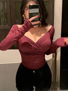 DAZY 1 件女式纯色长袖 T 恤，简约时尚休闲装，适合日常穿着、秋季服装、返校服装 - 酒紅色 - 查看 7