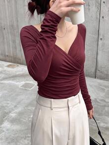 DAZY 1 件女式纯色长袖 T 恤，简约时尚休闲装，适合日常穿着、秋季服装、返校服装 - 酒紅色 - 查看 9