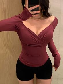 DAZY 1 件女式纯色长袖 T 恤，简约时尚休闲装，适合日常穿着、秋季服装、返校服装 - 酒紅色 - 查看 6