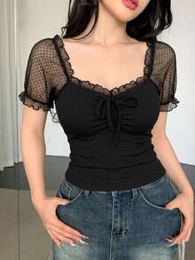 Joudiya 女款春夏秋波點透視網紗拼接T恤，黑色蕾絲上衣，修身顯瘦優雅通勤風，適合婚禮宴會舞會派對的薄透短袖上衣 - 黑色 - 查看 5