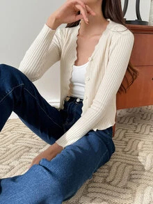 DAZY Scallop Trim Ribbed Knit Cardigan,Fall Clothes Jacket - Apricot - View 3