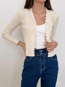 DAZY Scallop Trim Ribbed Knit Cardigan,Fall Clothes Jacket - Apricot - View 5