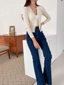 DAZY Scallop Trim Ribbed Knit Cardigan,Fall Clothes Jacket - Apricot - View 8