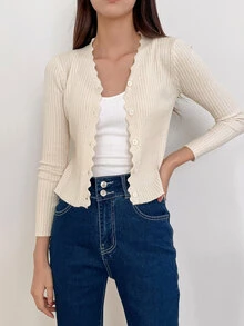 DAZY Scallop Trim Ribbed Knit Cardigan,Fall Clothes Jacket - Apricot - View 11