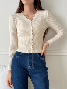 DAZY Scallop Trim Ribbed Knit Cardigan,Fall Clothes Jacket - Apricot - View 6