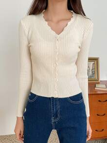 DAZY Scallop Trim Ribbed Knit Cardigan,Fall Clothes Jacket - Apricot - View 9