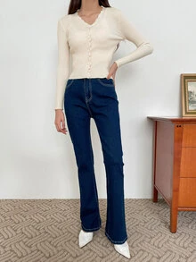 DAZY Scallop Trim Ribbed Knit Cardigan,Fall Clothes Jacket - Apricot - View 7