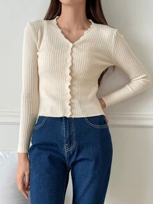 DAZY Scallop Trim Ribbed Knit Cardigan,Fall Clothes Jacket - Apricot - View 10