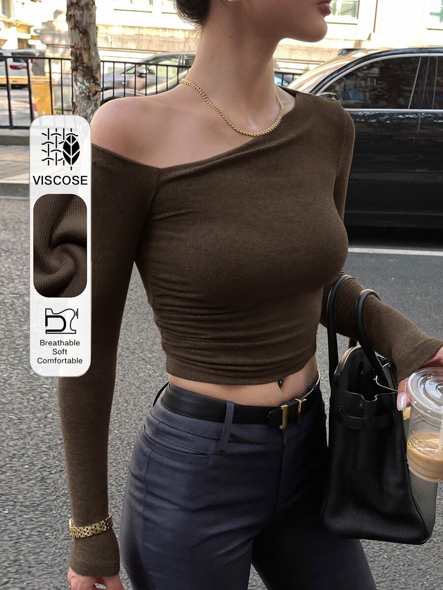 DAZY Women Solid Color Open Shoulder T-Shirt Fall Tops Long Sleeve Top Crop Top - Maroon - View 1