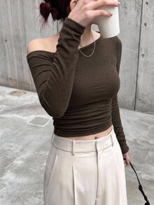 DAZY Women Solid Color Open Shoulder T-Shirt Fall Tops Long Sleeve Top Crop Top - Maroon - View 7