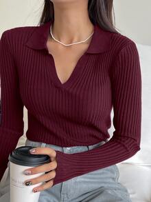 DAZY 女式高领罗纹修身长袖休闲商务套头衫，秋冬 - 酒紅色 - 查看 2