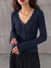 DAZY 女式蕾丝荷叶边修身开衫长袖上衣 - 藏蓝色 - 查看 6