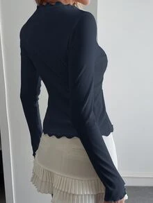 DAZY 女式蕾丝荷叶边修身开衫长袖上衣 - 藏蓝色 - 查看 2