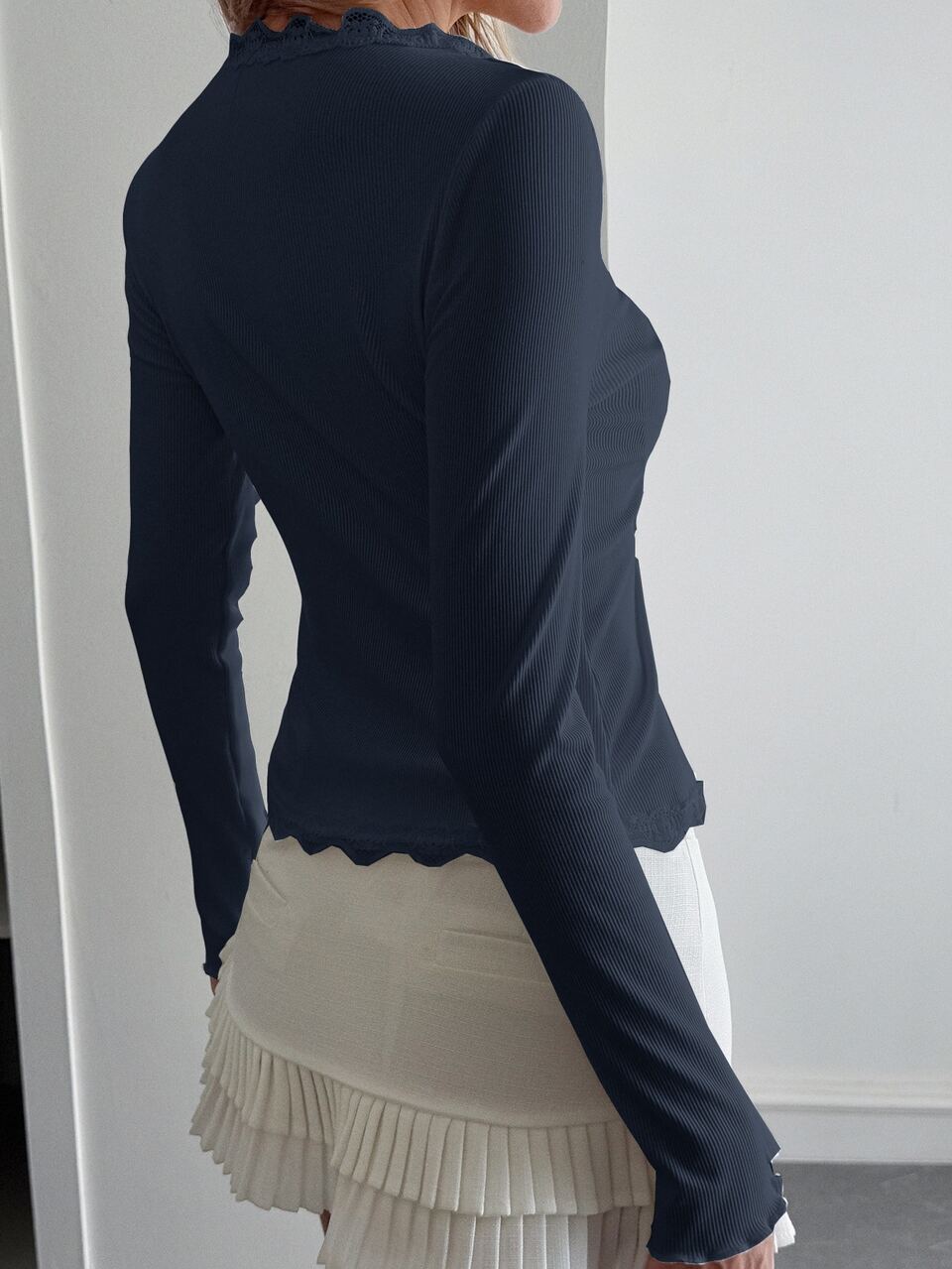 Women's Lace Frill Trim Fitted Cardigan Long Sleeve Top Night Out Club Navy Blue Autumn Elegant Sexy