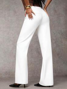 SHEIN BAE 97%纯棉女士休闲正装白色长裤 - 白色 - 查看 2