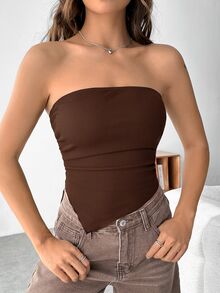 SHEIN EZwear 女士简约夏季休闲棕色不对称下摆修身抹胸 - 巧克力棕 - 查看 4