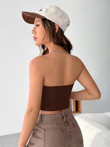 SHEIN EZwear 女士简约夏季休闲棕色不对称下摆修身抹胸 - 巧克力棕 - 查看 2