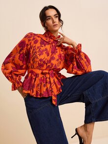 LOTSLUV Women's Allover Floral Print Ruffle High Neck Flounce Sleeve Belted Blouse Brunch Vacation Date Night Orange Red Fall Elegant Boho Classy Tops - Orange - View 4