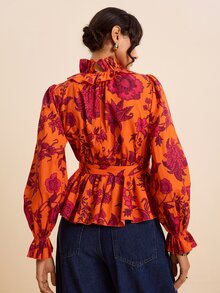LOTSLUV Women's Allover Floral Print Ruffle High Neck Flounce Sleeve Belted Blouse Brunch Vacation Date Night Orange Red Fall Elegant Boho Classy Tops - Orange - View 2