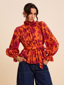 LOTSLUV Women's Allover Floral Print Ruffle High Neck Flounce Sleeve Belted Blouse Brunch Vacation Date Night Orange Red Fall Elegant Boho Classy Tops - Orange - View 3