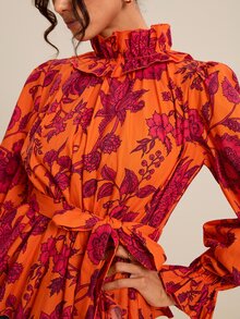 LOTSLUV Women's Allover Floral Print Ruffle High Neck Flounce Sleeve Belted Blouse Brunch Vacation Date Night Orange Red Fall Elegant Boho Classy Tops - Orange - View 5