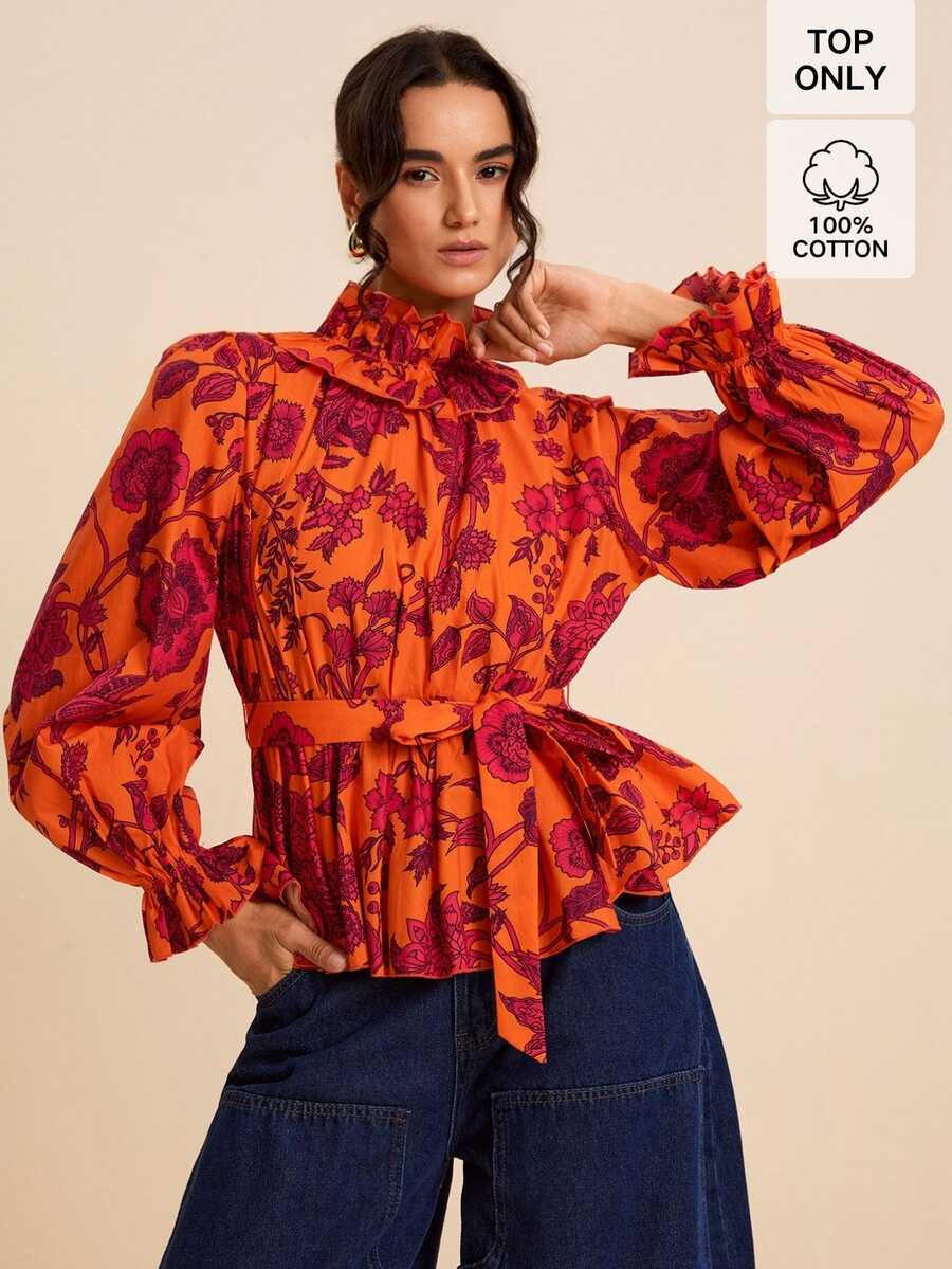 LOTSLUV Women's Allover Floral Print Ruffle High Neck Flounce Sleeve Belted Blouse Brunch Vacation Date Night Orange Red Fall Elegant Boho Classy Tops - Orange - View 1
