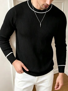 Manfinity Dauomo Men's Casual Colorblock Trim Sweater, Autumn/Winter - Black - View 3