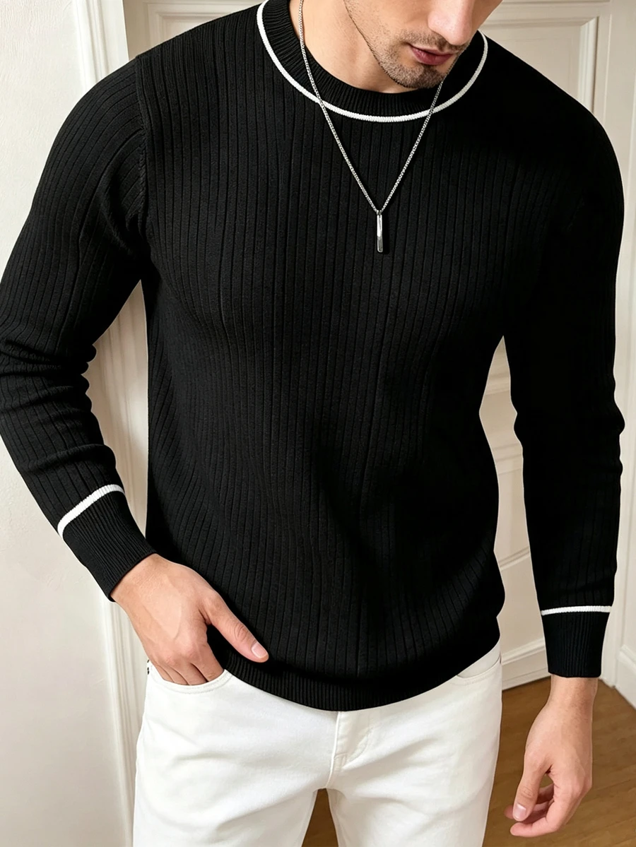 Manfinity Dauomo Men's Casual Colorblock Trim Sweater, Autumn/Winter - Black - View 1