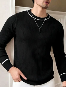 Manfinity Dauomo Men's Casual Colorblock Trim Sweater, Autumn/Winter - Black - View 1
