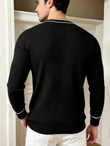 Manfinity Dauomo Men's Casual Colorblock Trim Sweater, Autumn/Winter - Black - View 2