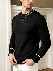 Manfinity Dauomo Men's Casual Colorblock Trim Sweater, Autumn/Winter - Black - View 4