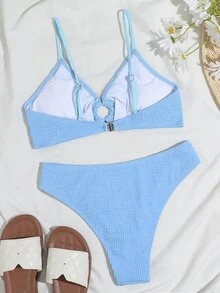 Swim Basics Bikini texturizado con detalle de anillo en O para playa de verano - Celeste - Ver 2