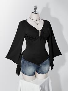SHEIN ICON Damen Große Größen Retro Sexy Millennial Stil Y2K Mode Lässig Einfach Pendeln Rüschenärmel Geraffte Brust Spitz Saum Schwarzes T-Shirt Herbst - Schwarz - Übersicht 9