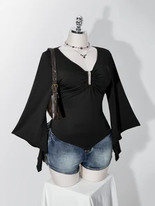SHEIN ICON Damen Große Größen Retro Sexy Millennial Stil Y2K Mode Lässig Einfach Pendeln Rüschenärmel Geraffte Brust Spitz Saum Schwarzes T-Shirt Herbst - Schwarz - Übersicht 8