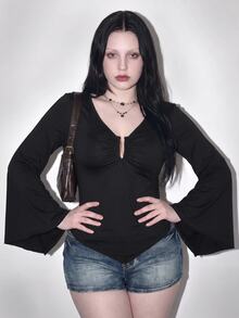 SHEIN ICON Damen Große Größen Retro Sexy Millennial Stil Y2K Mode Lässig Einfach Pendeln Rüschenärmel Geraffte Brust Spitz Saum Schwarzes T-Shirt Herbst - Schwarz - Übersicht 3