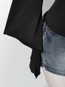 SHEIN ICON Damen Große Größen Retro Sexy Millennial Stil Y2K Mode Lässig Einfach Pendeln Rüschenärmel Geraffte Brust Spitz Saum Schwarzes T-Shirt Herbst - Schwarz - Übersicht 10