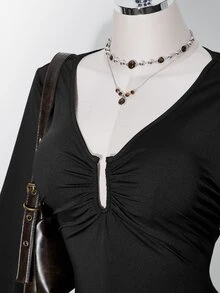 SHEIN ICON Damen Große Größen Retro Sexy Millennial Stil Y2K Mode Lässig Einfach Pendeln Rüschenärmel Geraffte Brust Spitz Saum Schwarzes T-Shirt Herbst - Schwarz - Übersicht 7
