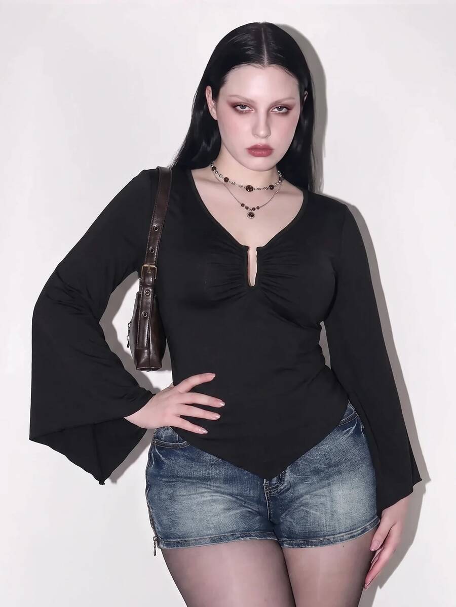 SHEIN ICON Damen Große Größen Retro Sexy Millennial Stil Y2K Mode Lässig Einfach Pendeln Rüschenärmel Geraffte Brust Spitz Saum Schwarzes T-Shirt Herbst - Schwarz - Übersicht 1