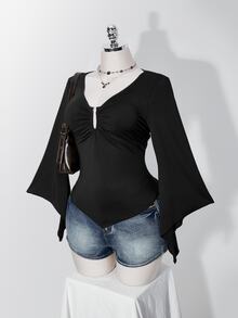 SHEIN ICON Damen Große Größen Retro Sexy Millennial Stil Y2K Mode Lässig Einfach Pendeln Rüschenärmel Geraffte Brust Spitz Saum Schwarzes T-Shirt Herbst - Schwarz - Übersicht 6