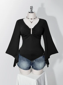 SHEIN ICON Damen Große Größen Retro Sexy Millennial Stil Y2K Mode Lässig Einfach Pendeln Rüschenärmel Geraffte Brust Spitz Saum Schwarzes T-Shirt Herbst - Schwarz - Übersicht 5